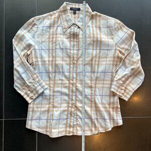 Burberry London women's baby-blue checked long sleeve button-down shirt. "4"